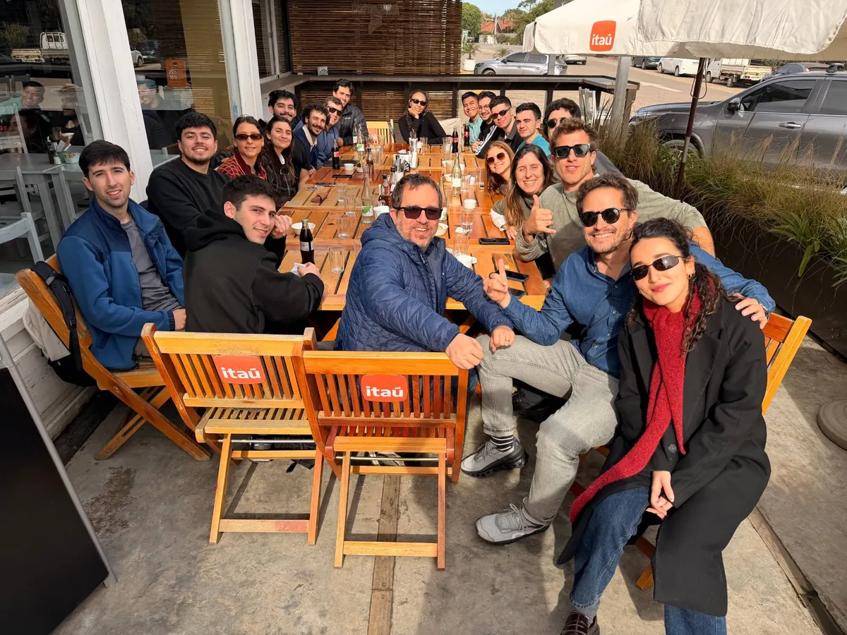 The team at lunch on a terrace